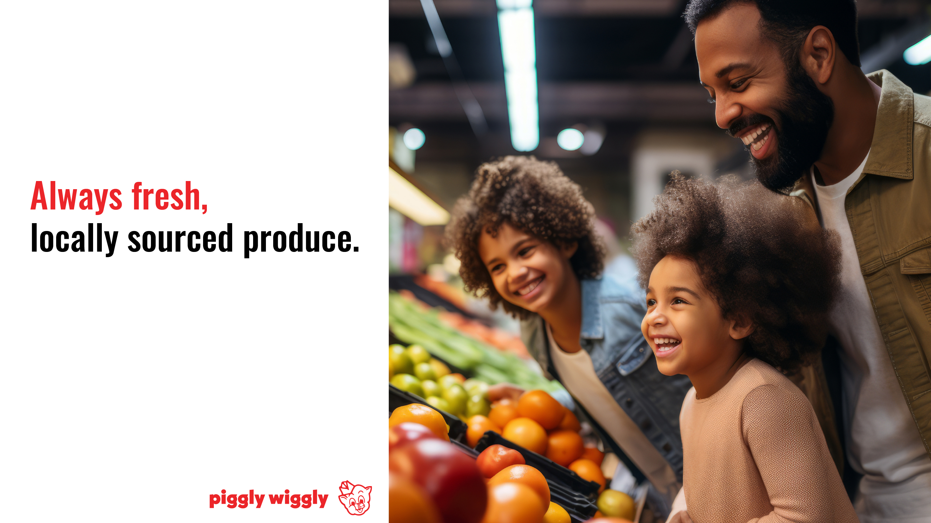 A father and his two young daughters smiling and picking out fresh produce at a grocery store. The text reads, "Fresh, locally sourced produce." The image is branded with the Piggly Wiggly logo.