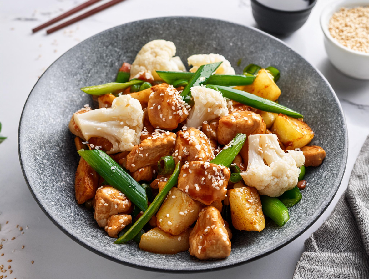 A bowl of stir-fried chicken with cauliflower, green onions, and potatoes, garnished with sesame seeds.