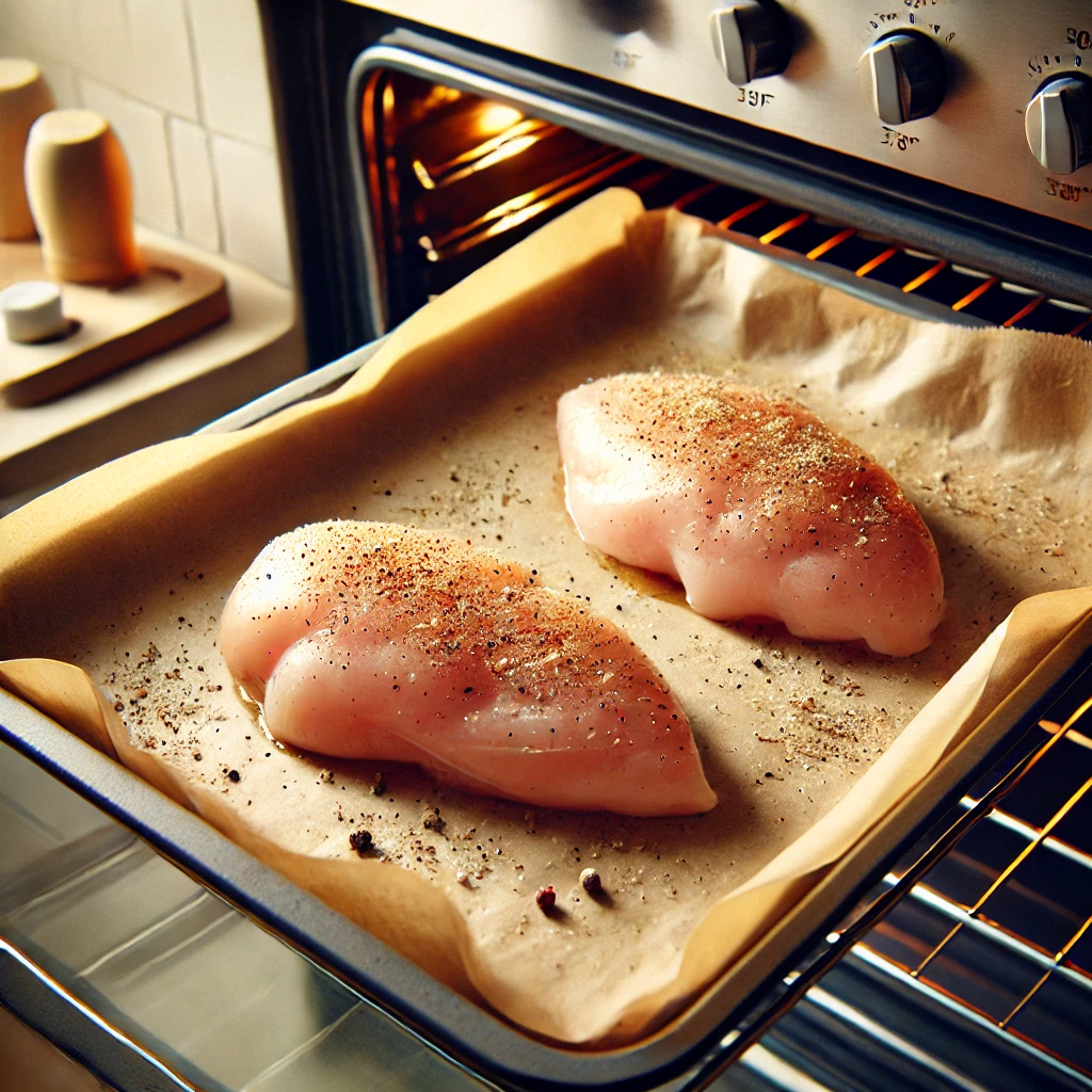 Seasoned chicken breasts on a baking tray inside an oven