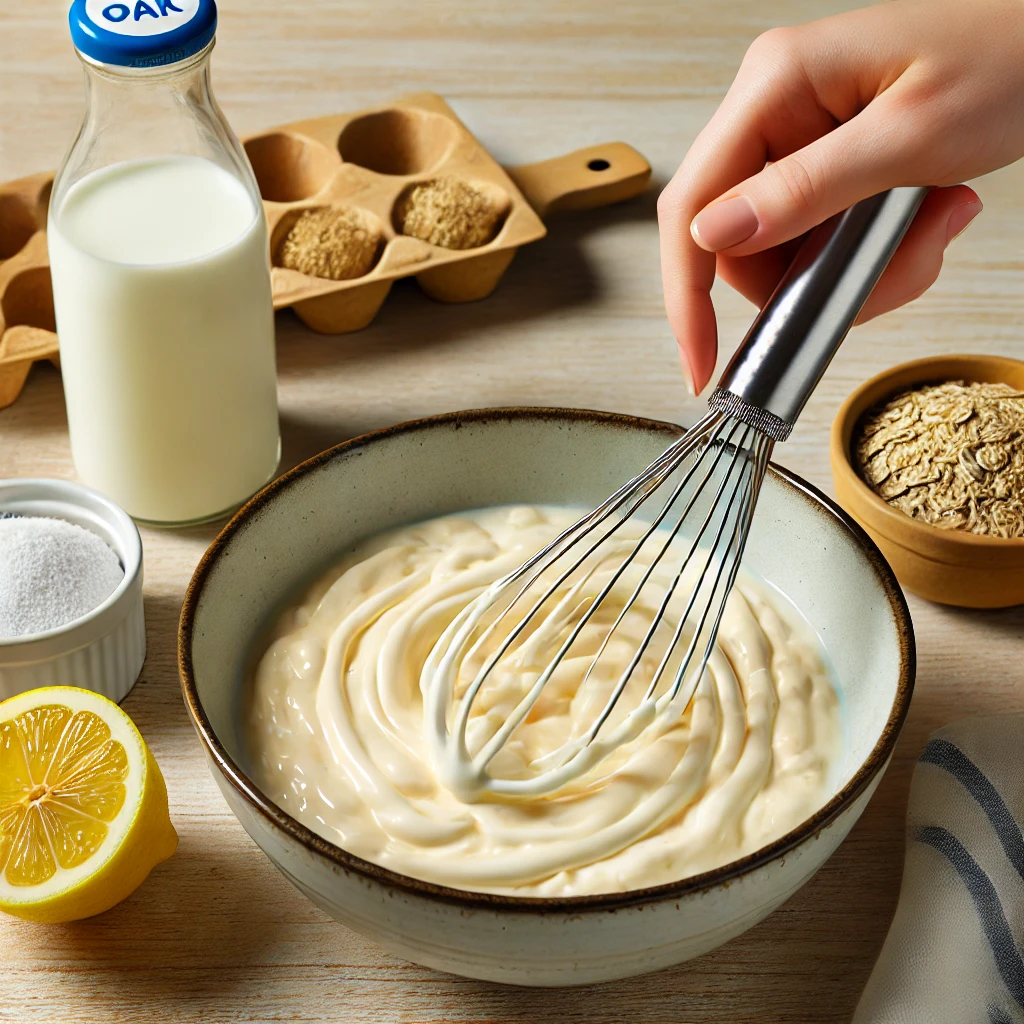 Hand whisking a creamy mixture in a bowl with ingredients like milk, sugar, lemon, and oats on a table