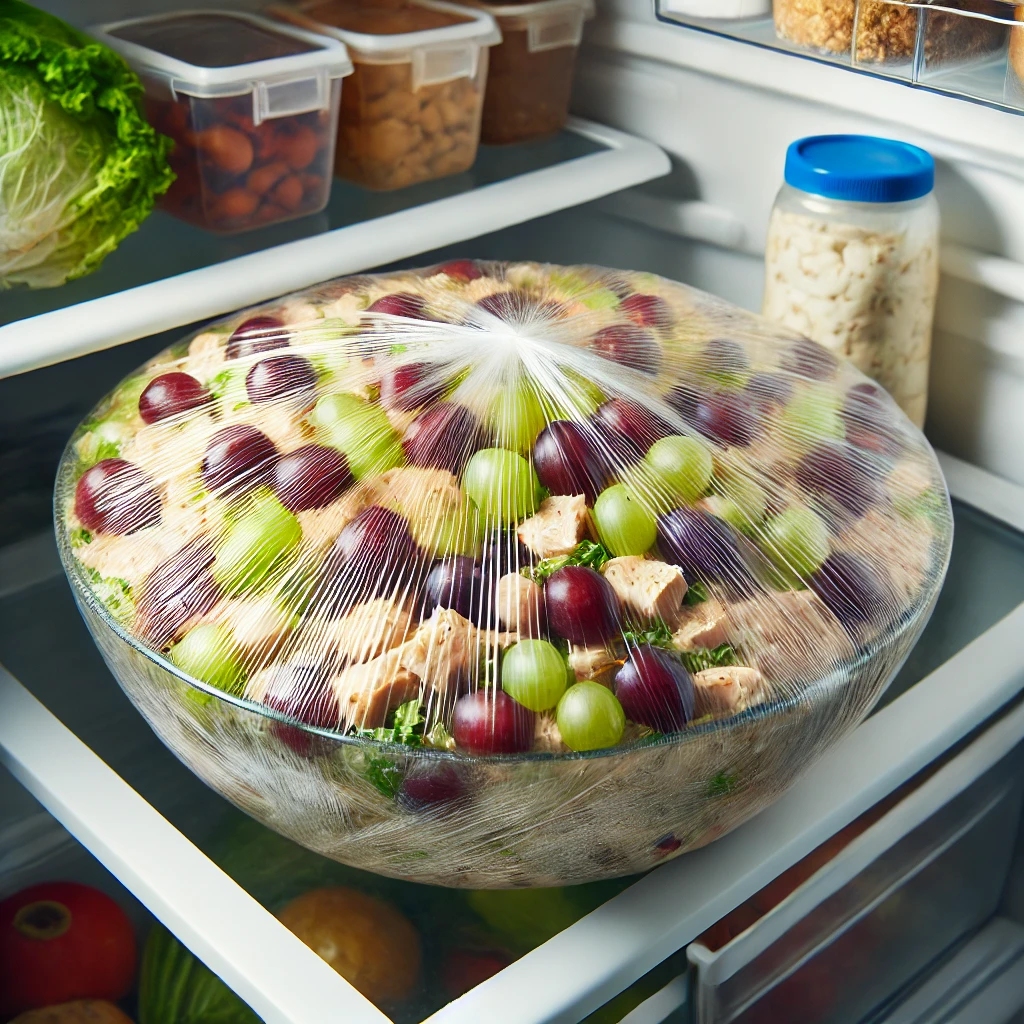 Assorted healthy ingredients including chicken breasts, grapes, nuts, and vegetables arranged on a table