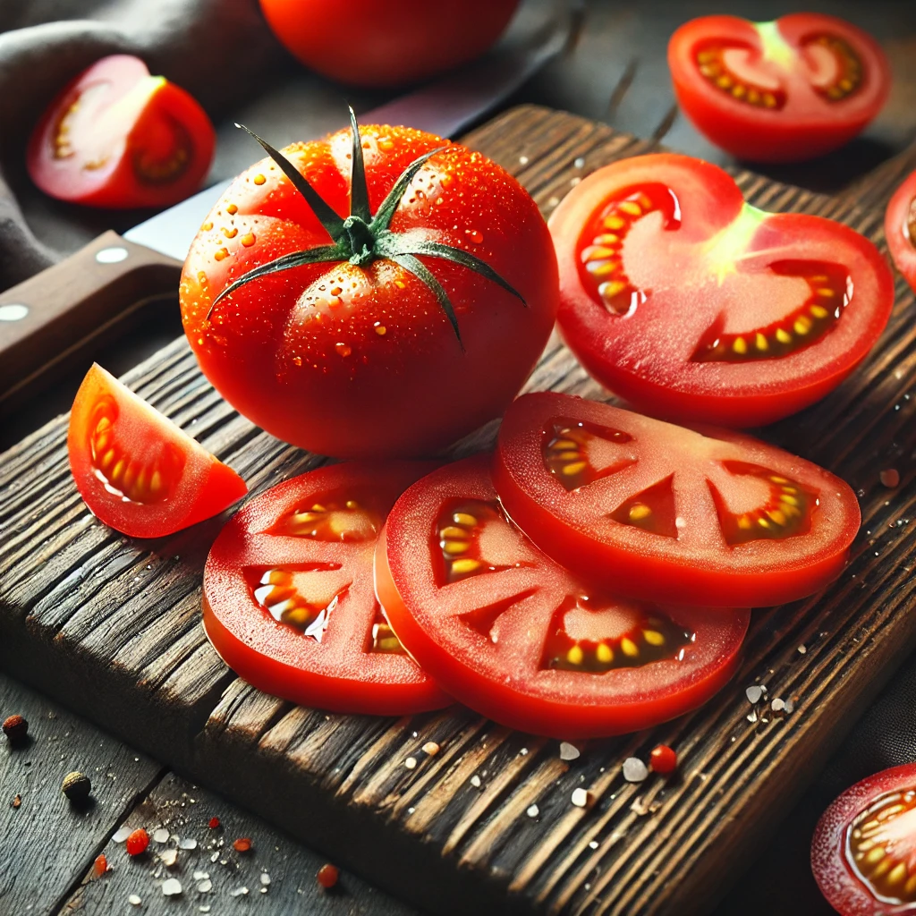 Close-up image of freshly sliced Alabama-grown tomatoes on a rustic wooden cutting board, with whole tomatoes and a knife in the background.