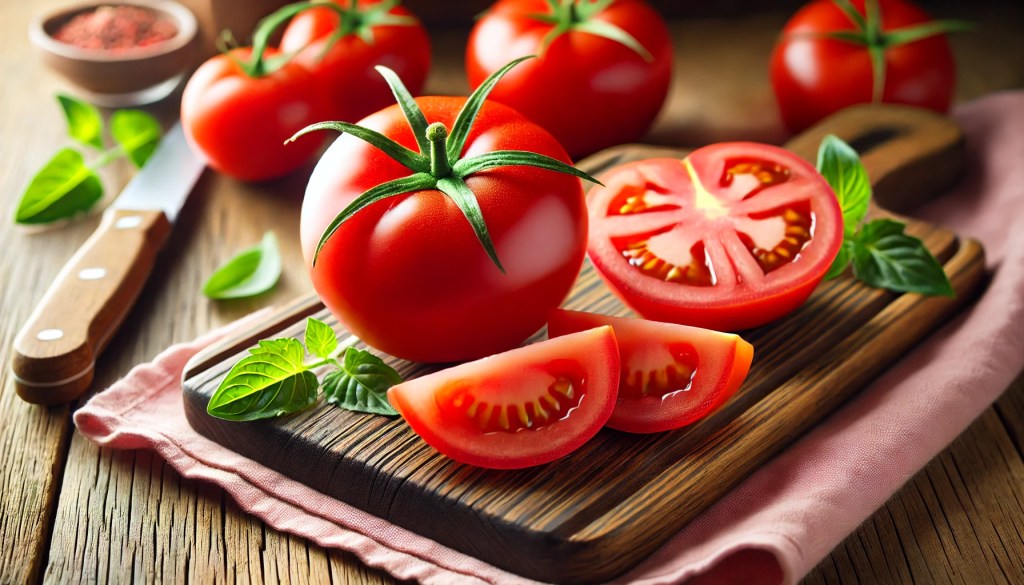 Freshly sliced Alabama-grown tomatoes on a wooden cutting board for Tomato, Peach, and Burrata Summer Salad.