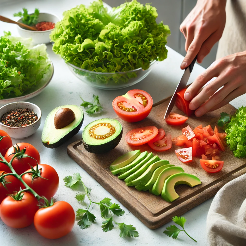Person slicing tomatoes on a cutting board with avocados, lettuce, and other fresh vegetables