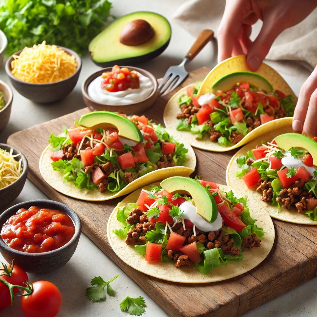 Person assembling ground chuck tacos with fresh avocado, tomatoes, lettuce, cheese, and salsa
