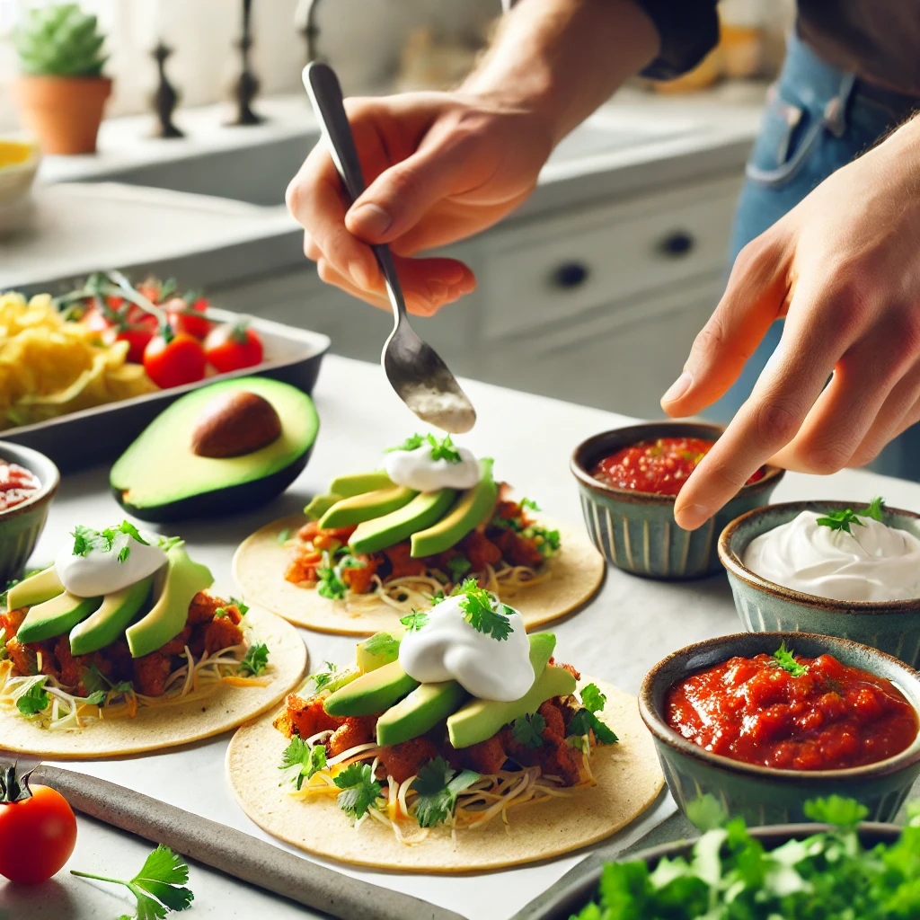 Person adding sour cream to ground chuck tacos topped with avocado slices, cheese, and cilantro