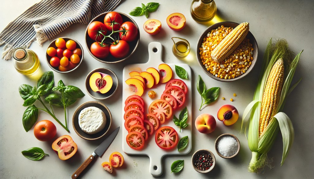 Fresh tomatoes, peaches, burrata cheese, basil leaves, corn, olive oil, and spices arranged on a white surface.