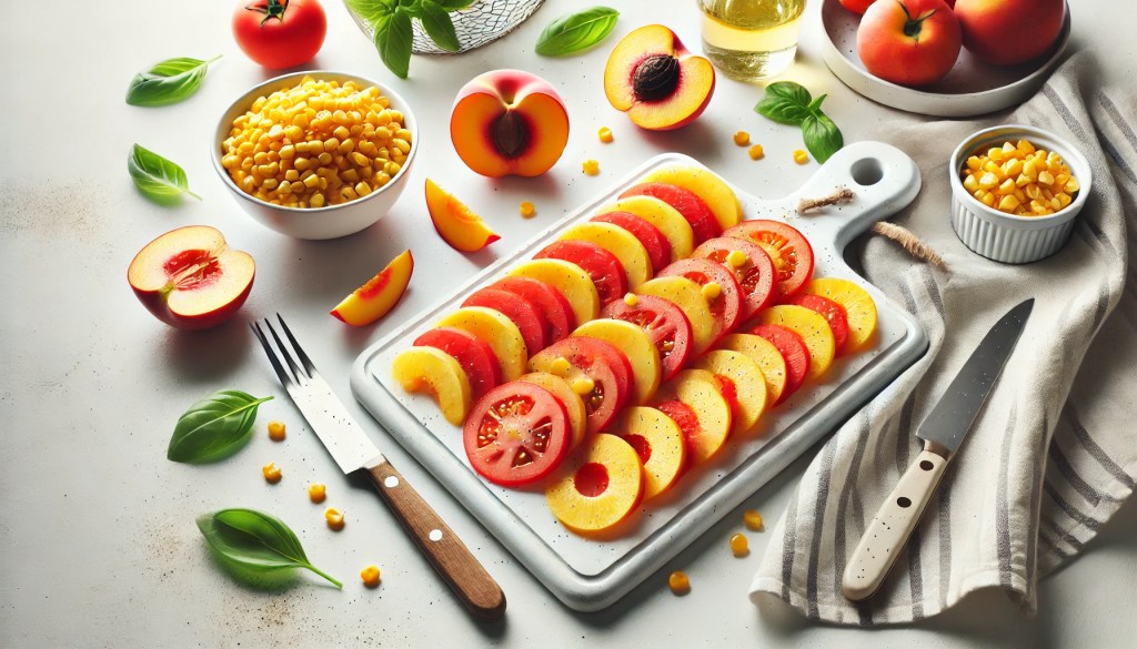 Sliced tomatoes and peaches arranged on a white cutting board, surrounded by fresh corn kernels, basil leaves, and whole peaches.