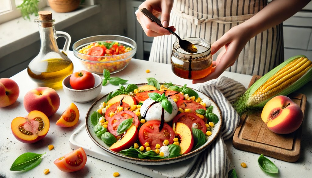 A person drizzling balsamic dressing over a salad of tomatoes, peaches, burrata, basil, and corn, surrounded by fresh ingredients.