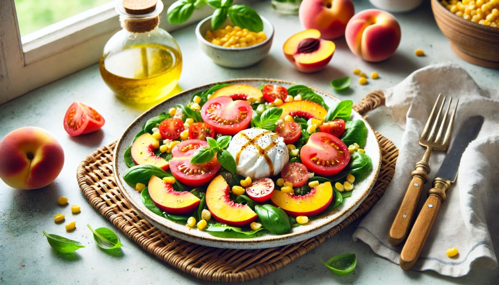 A vibrant summer salad with tomatoes, peaches, burrata, basil, and corn served on a wicker mat, surrounded by fresh ingredients.