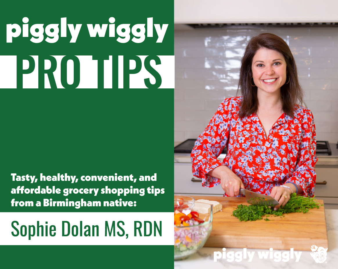 Sophie Dolan MS, RDN, chopping vegetables in a modern kitchen for a Piggly Wiggly grocery shopping tips campaign.