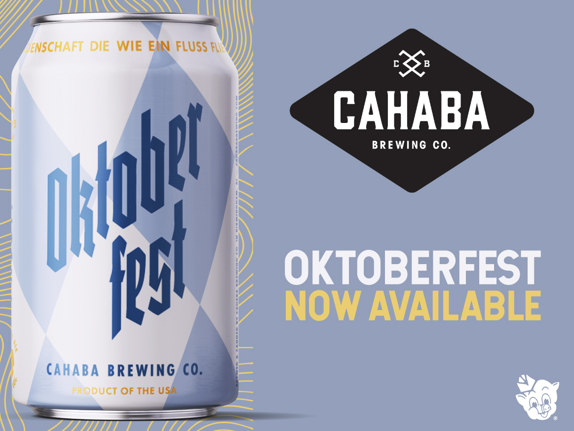 Cahaba Brewing Co. Oktoberfest beer can with announcement text "Now Available"