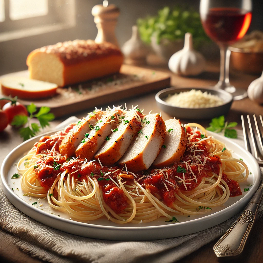 Delicious plate of classic chicken parmesan served on a bed of spaghetti with marinara sauce, garnished with parsley and grated cheese