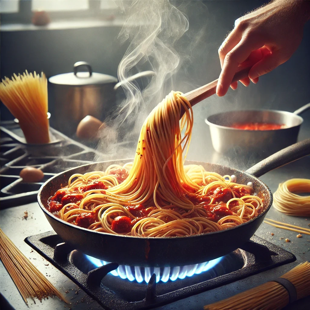 A person stirring steaming spaghetti with marinara sauce in a skillet on a stove, with a pot and spaghetti in the background