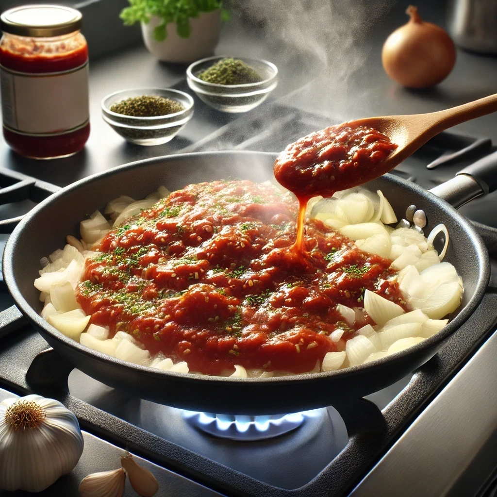 Marinara sauce being added to sautéed onions in a skillet on the stove, with steam rising and herbs in the background