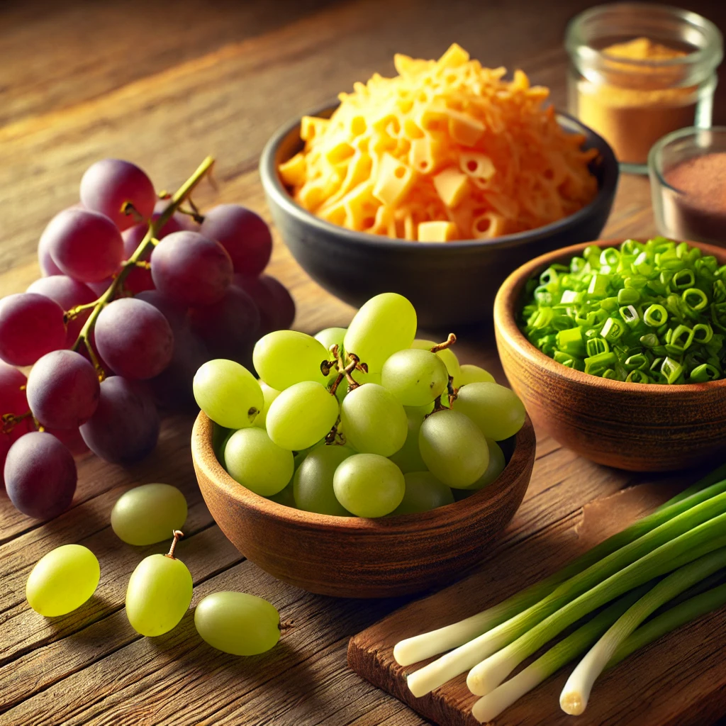 A wooden table displaying fresh green and red grapes, chopped green onions, shredded cheddar cheese, and seasonings, highlighting vibrant and healthy meal toppings.