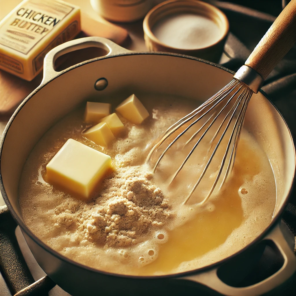 A pot on the stove with melted butter and flour being whisked together, beginning the process of making homemade gravy in a warm kitchen setting.