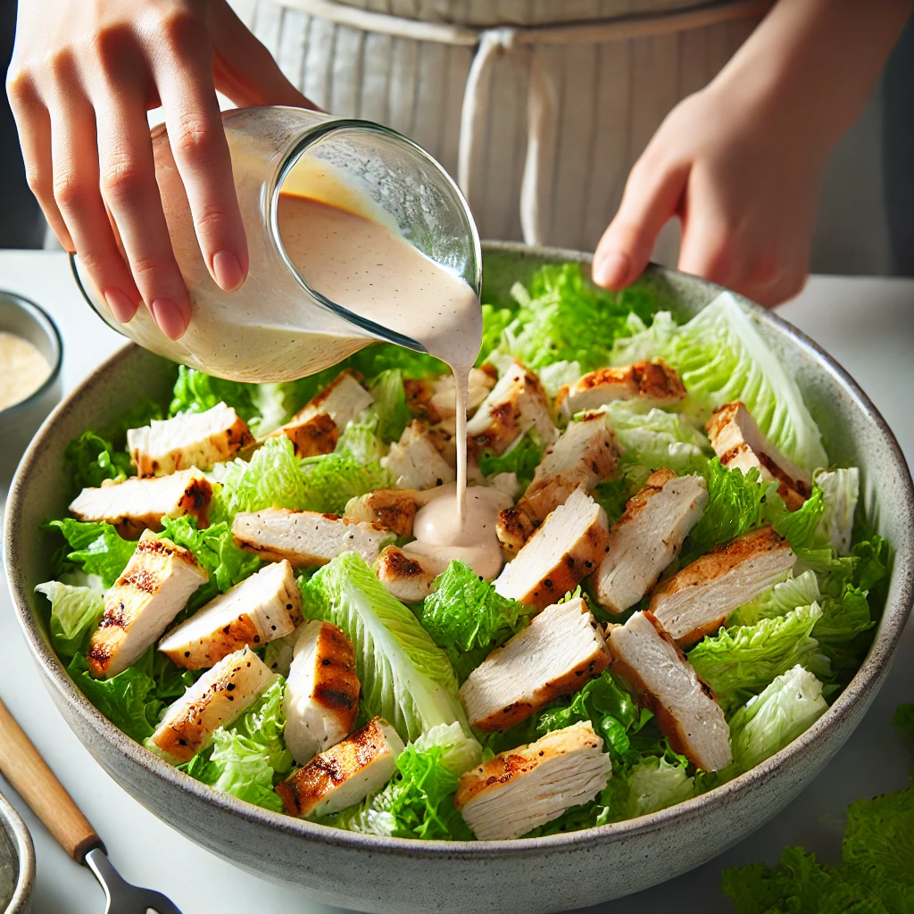 A person pouring Caesar dressing over a bowl of grilled chicken and romaine lettuce, preparing a Caesar salad.