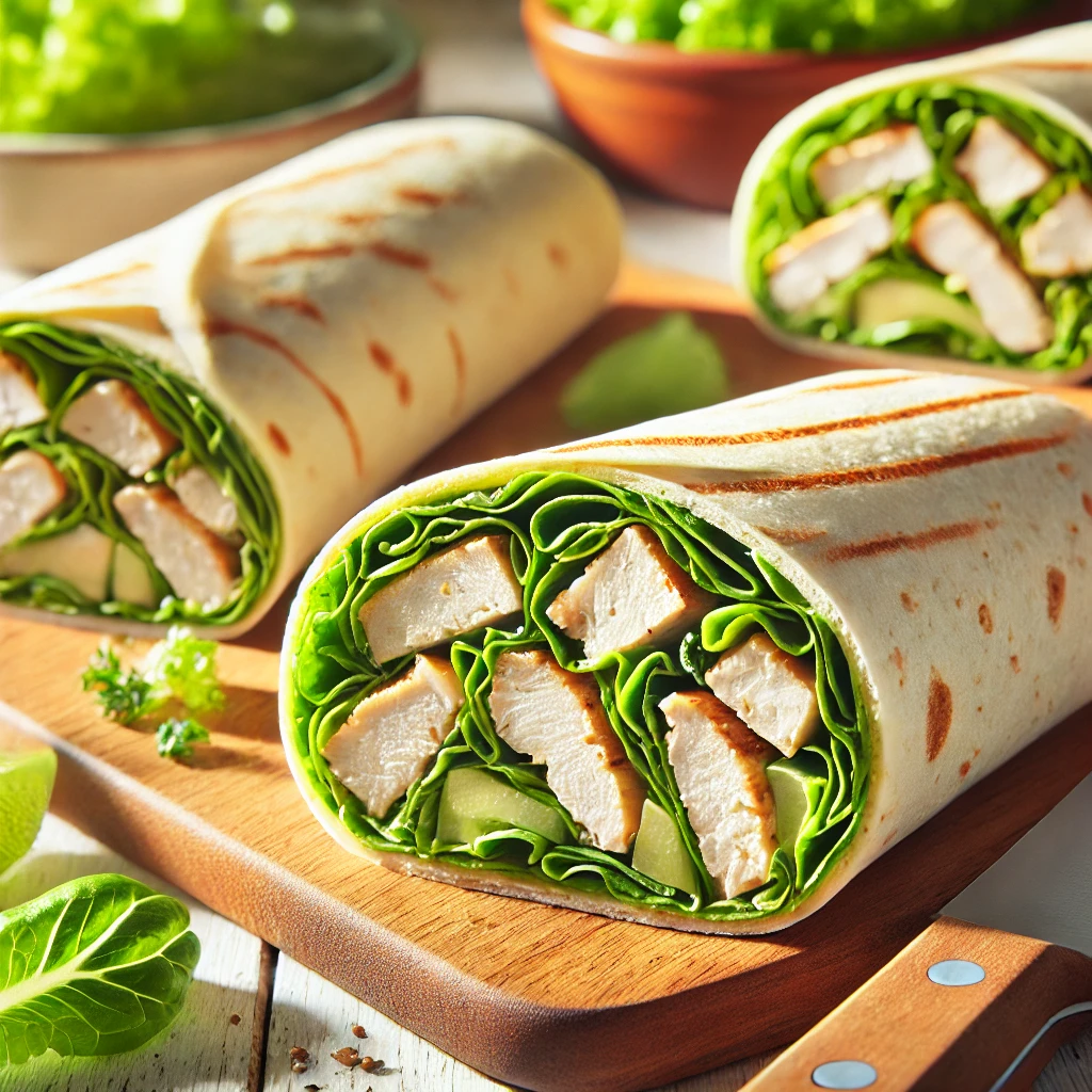 Close-up of Chicken Caesar Salad Wraps filled with grilled chicken and crisp lettuce, sliced in half and served on a wooden board.