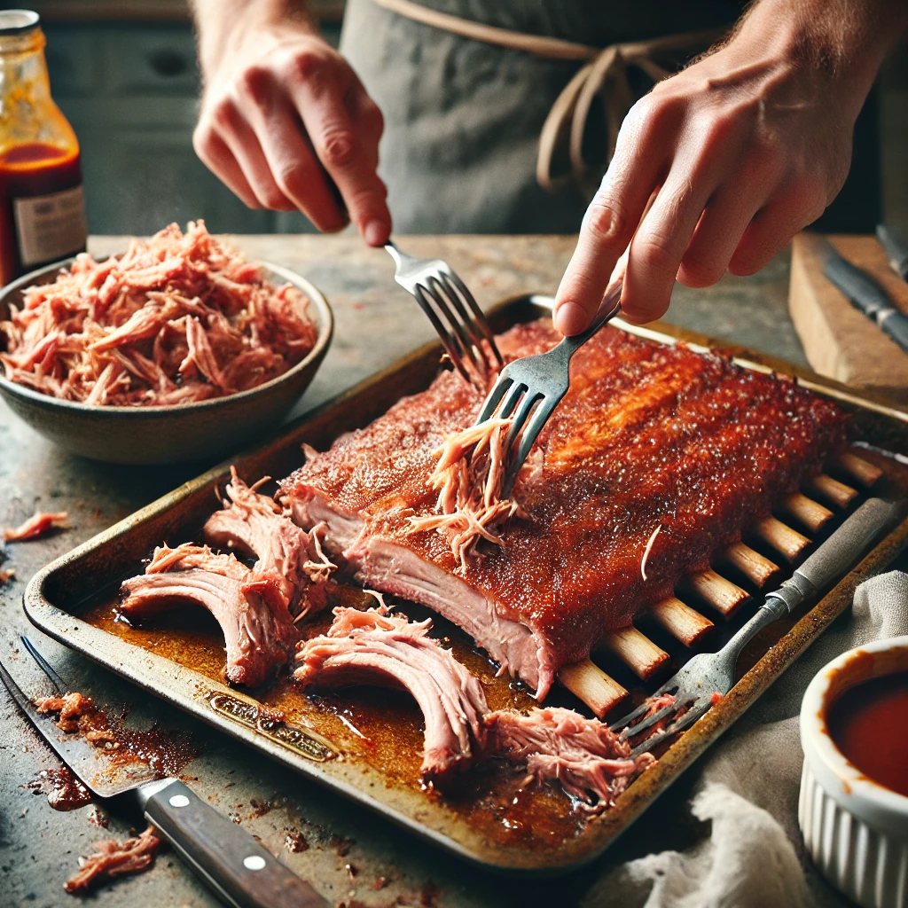 A person shredding cooked pork ribs with two forks on a baking sheet, preparing pulled pork for nachos. A bowl filled with shredded pork and a bottle of BBQ sauce are visible in the background.