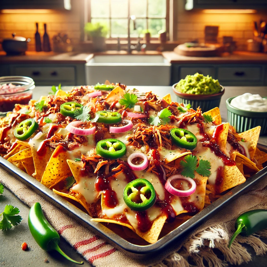 A tray of loaded pulled pork nachos topped with melted cheese, BBQ sauce, sliced jalapeños, pickled onions, and fresh cilantro, set in a rustic kitchen with bowls of guacamole, sour cream, and salsa in the background.