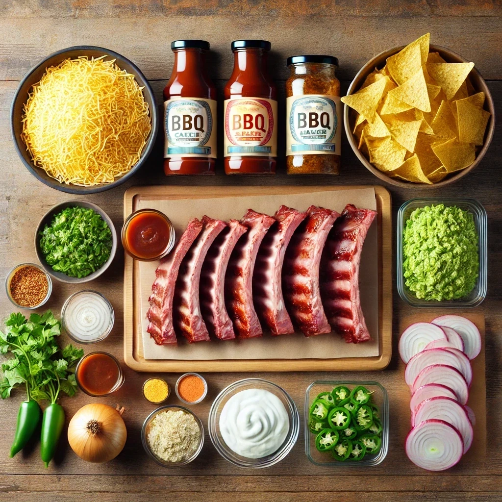 Overhead view of ingredients for pulled pork nachos, including BBQ sauce, shredded cheese, tortilla chips, fresh pork spareribs, guacamole, sliced jalapeños, chopped onions, cilantro, and various seasonings, laid out on a wooden surface.