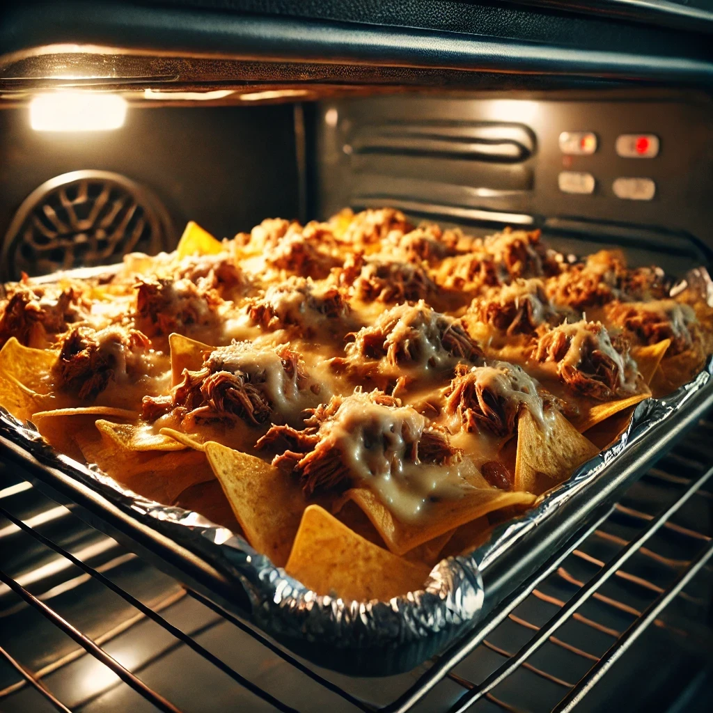 A close-up view of pulled pork nachos baking in an oven, covered with melted cheese and shredded pulled pork. The oven interior is warmly lit, highlighting the bubbling, golden-brown cheese on the nachos.