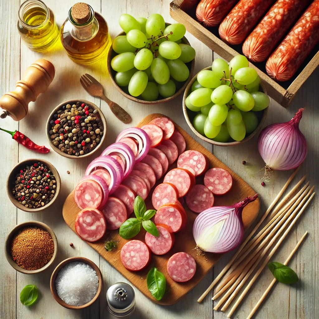 Close-up of ingredients for Smoked Sausage and Grape Skewers recipe, including sliced Conecuh smoked sausage, green seedless grapes, sliced red onions, assorted spices, and olive oil, arranged on a wooden cutting board.