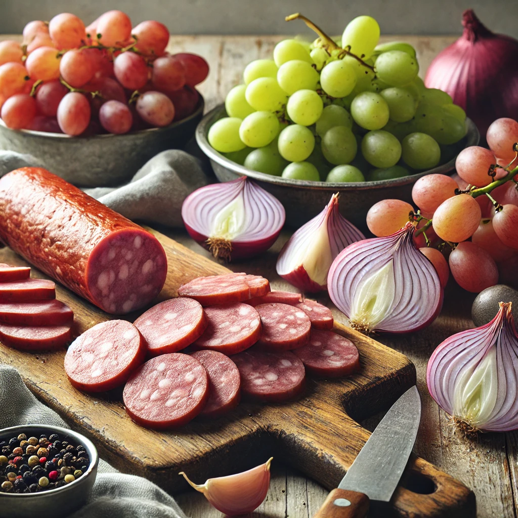 A selection of fresh ingredients for Smoked Sausage, Grape, and Onion Skewers, featuring sliced Conecuh smoked sausage, red and green seedless grapes, halved red onions, and a mix of whole peppercorns on a rustic wooden cutting board.