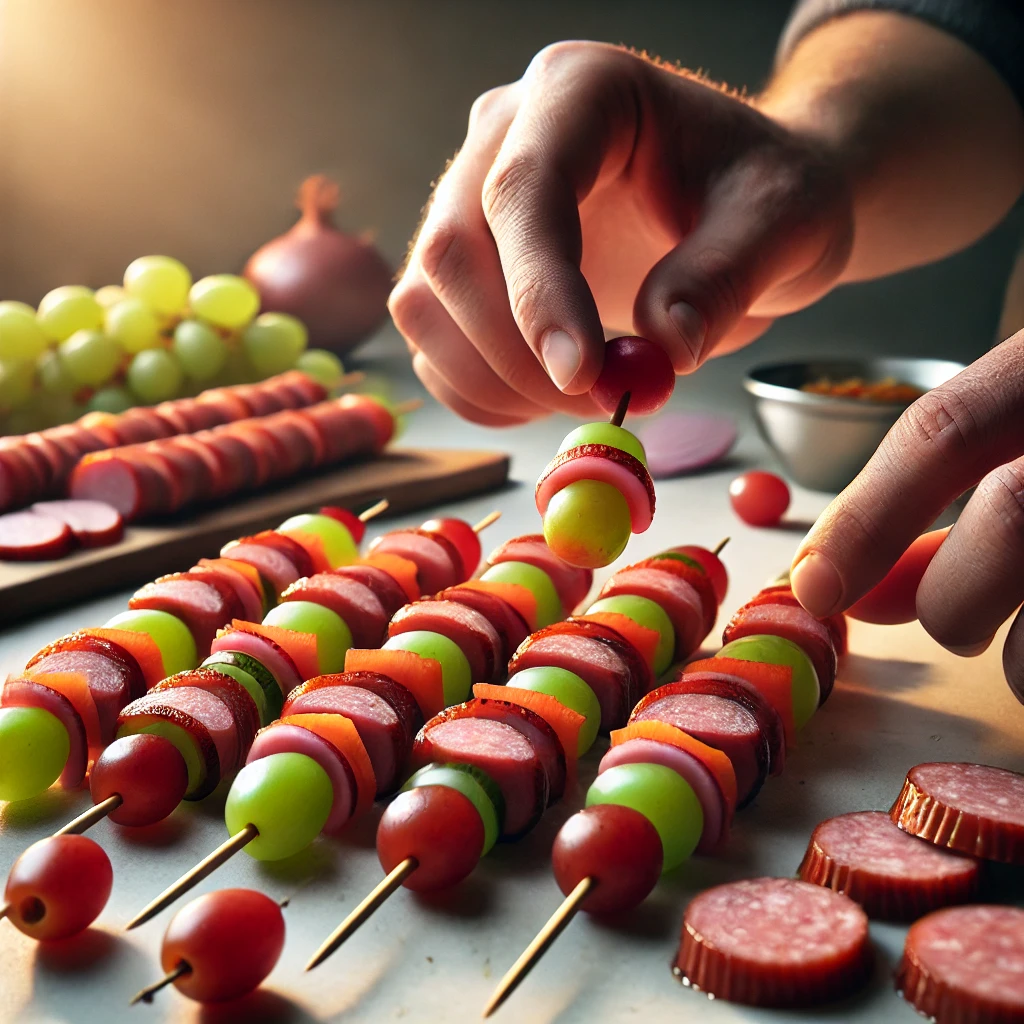 Close-up of hands assembling smoked sausage, green and red grapes, and sliced red onions onto skewers, preparing for grilling.