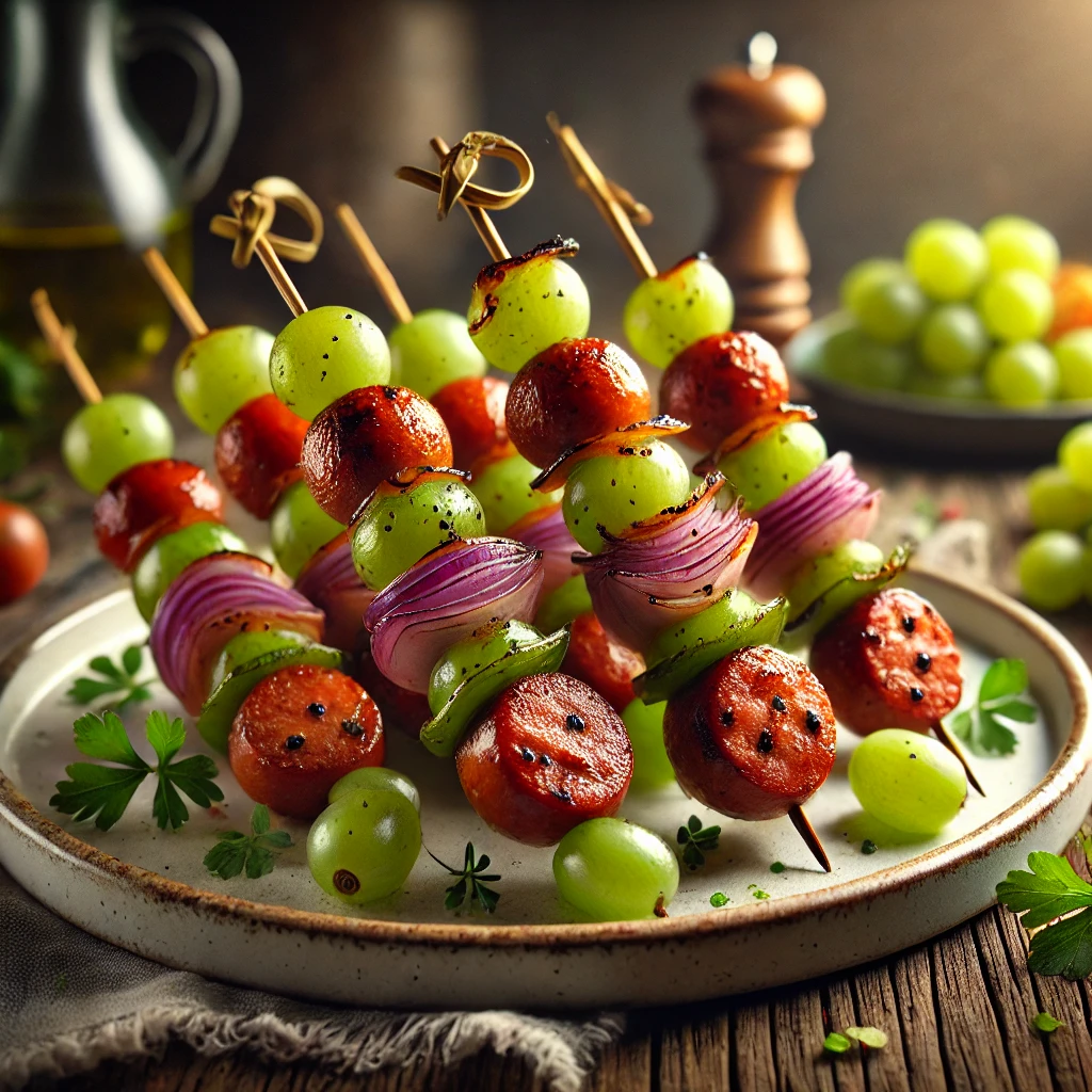 A plate of grilled skewers featuring smoked sausage, green grapes, and red onions, garnished with fresh herbs, ready to serve.