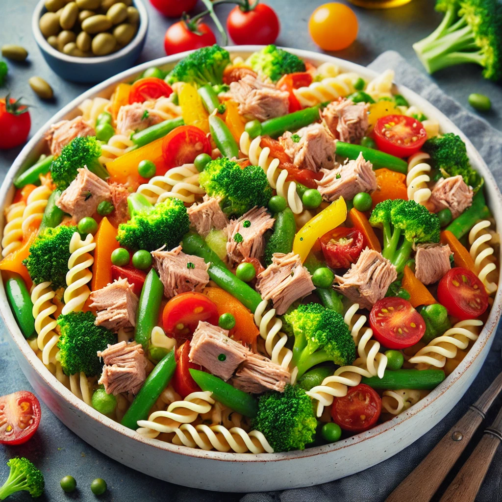 A vibrant bowl of tuna pasta salad featuring rotini pasta, broccoli florets, cherry tomatoes, green beans, peas, yellow bell peppers, and chunks of tuna, arranged in a white bowl with a rustic background.