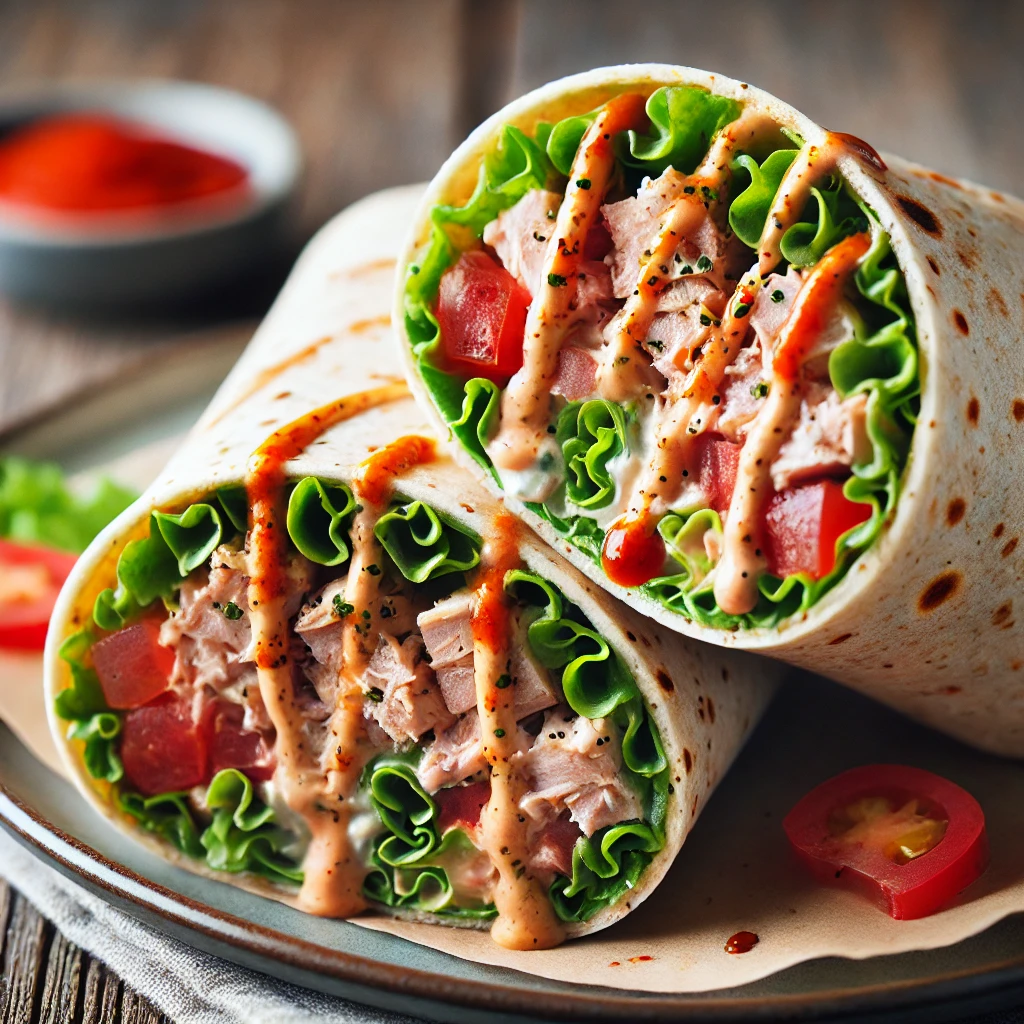 Close-up of a cut tuna wrap filled with lettuce, diced tomatoes, and tuna salad, drizzled with spicy mayo, served on a rustic plate with a background of wooden texture.