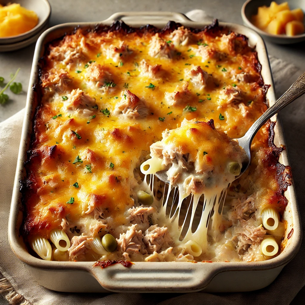 A golden-brown baked tuna casserole topped with melted cheese, featuring pasta, chunks of tuna, and vegetables, being served with a spoon from a rectangular baking dish.