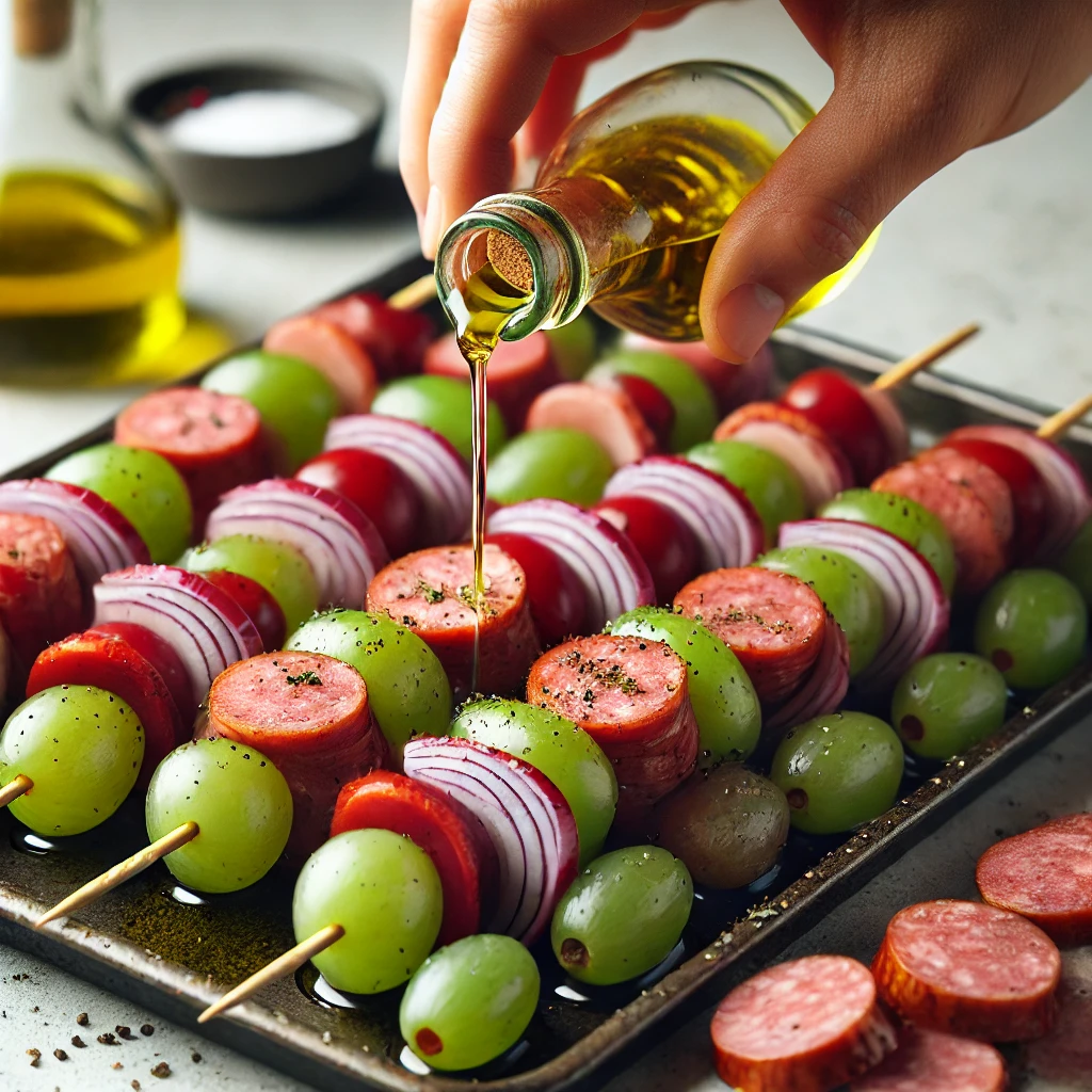 Close-up of a hand pouring olive oil over prepared skewers of smoked sausage, green grapes, and red onions, ready for seasoning and grilling.