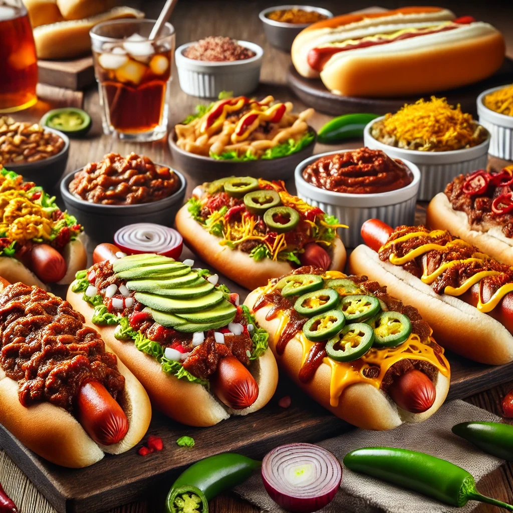 A selection of chili dogs topped with ingredients like jalapenos, avocado, cheese, and onions, accompanied by various sides and condiments.