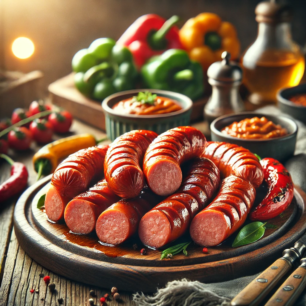 Close-up of grilled Conecuh Sausages sliced and served on a wooden plate, accompanied by fresh bell peppers, dipping sauces, and seasonings, creating a rustic and appetizing food display.