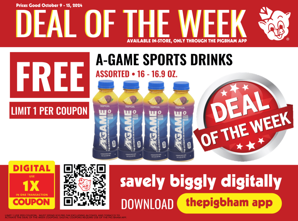 Promotional flyer for a free A-Game Sports Drink deal available from October 9-15, 2024, with a digital coupon via the PigBham app. The offer features assorted 16-16.9 oz. bottles, limit one per coupon.