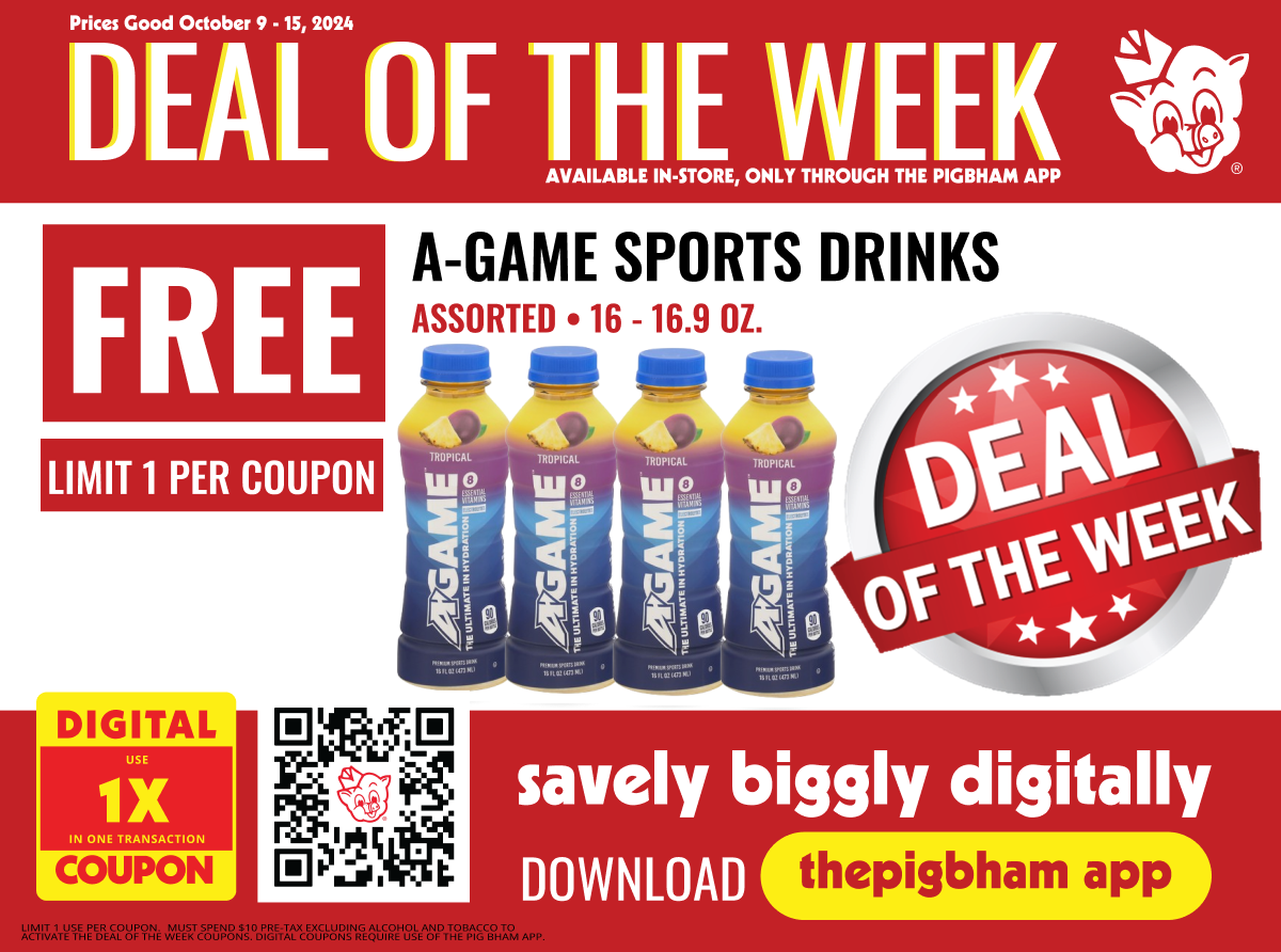 A-Game Sports Drinks: Free with the Pig Bham App Deal of the Week (October 9-15, 2024)