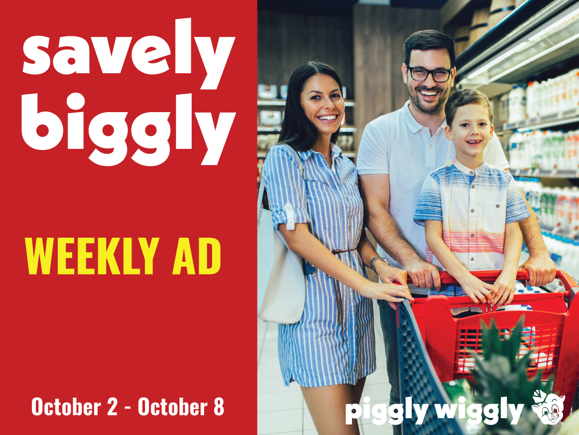 Piggly Wiggly Weekly Ad for October 2-8, 2024, featuring a smiling family shopping with a red cart in a grocery store.