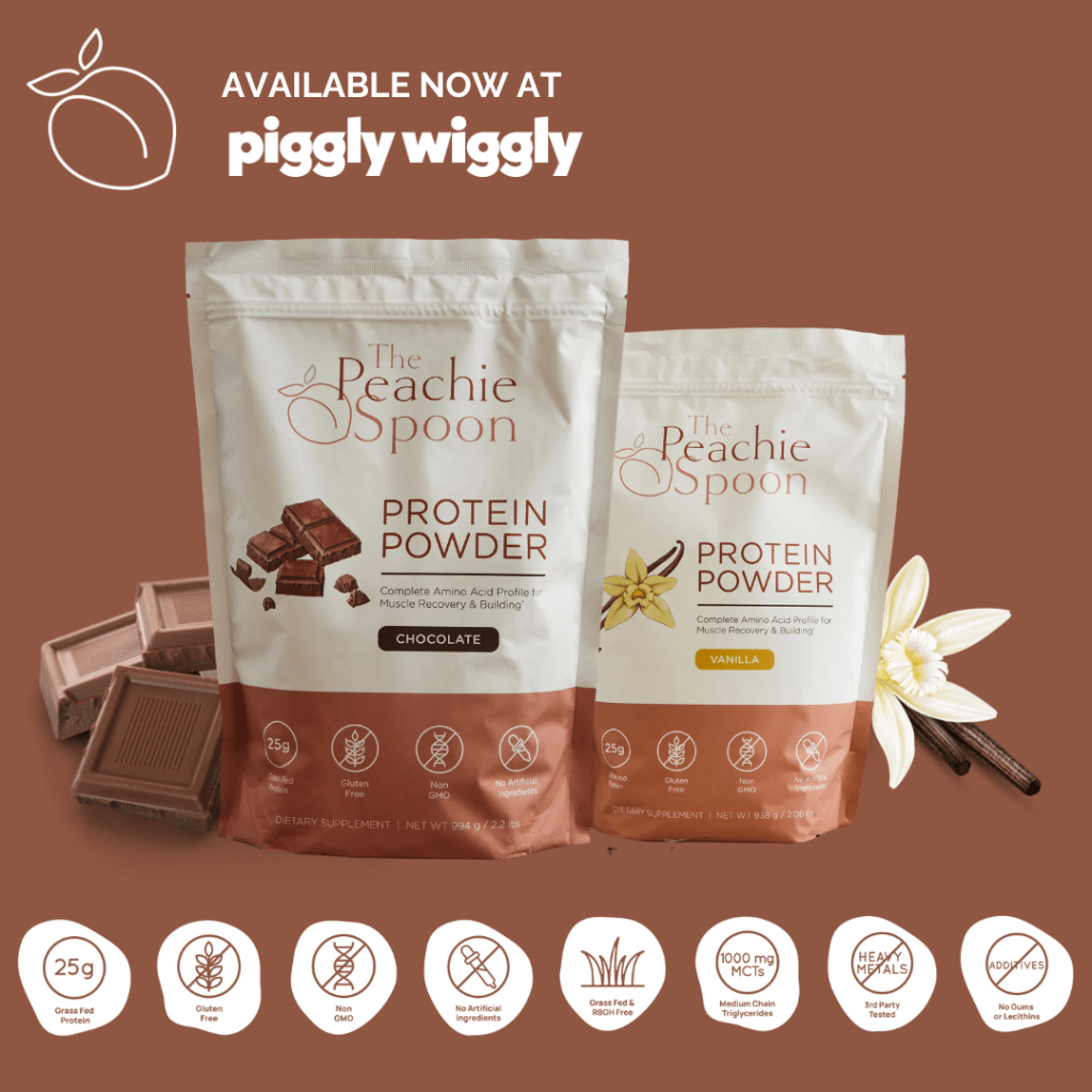 The Peachie Spoon protein powder in chocolate and vanilla flavors, now available at Piggly Wiggly, with product benefits including gluten-free, non-GMO, and grass-fed protein.