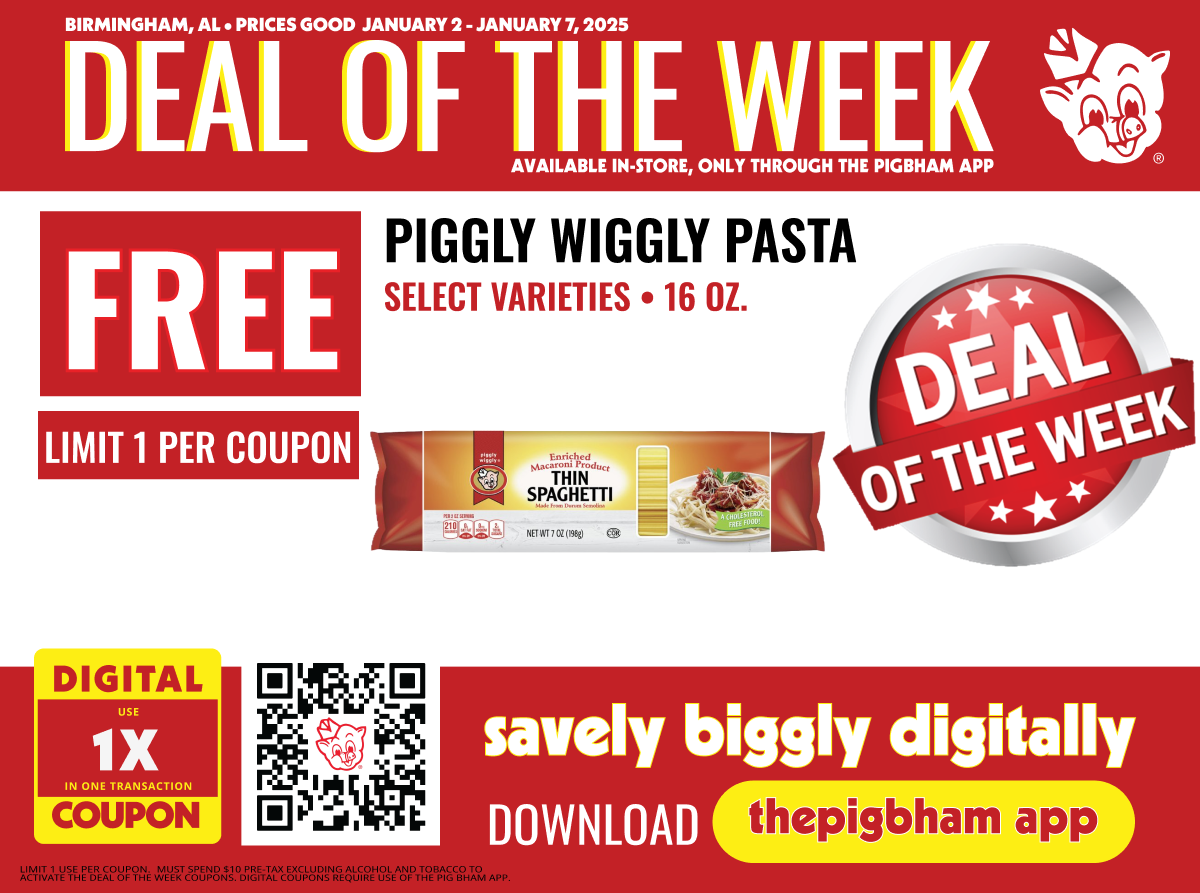 Piggly Wiggly’s Deal of the Week: Get Free Pasta through the Pig Bham App!