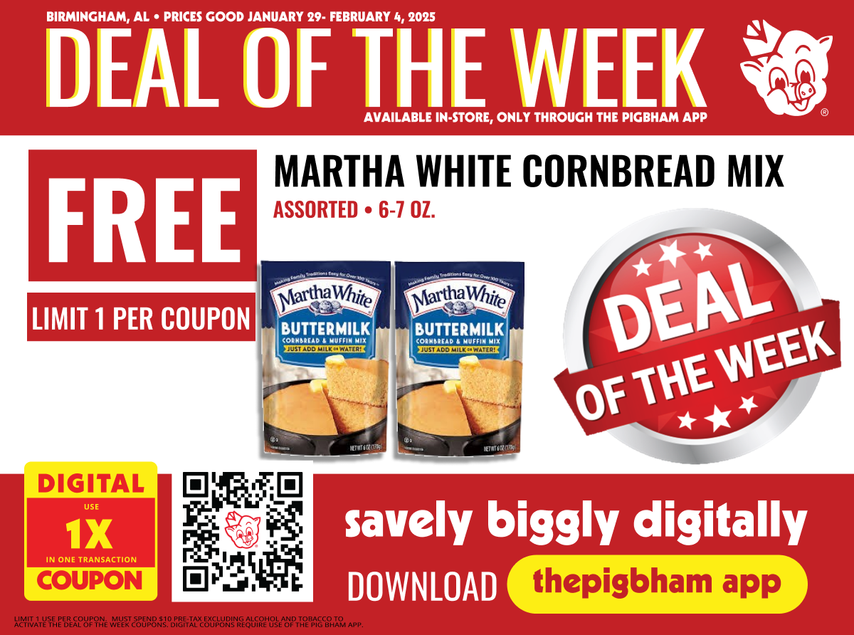 Save Big This Week with Martha White Cornbread Mix – Free with The Pig Bham App!