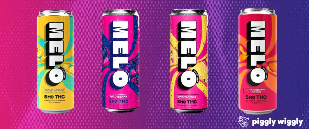 Four colorful MELO Seltzer cans in Half & Half, Wild Berry, Grapefruit, and Strawberry Mango flavors, featuring 5 mg THC per can.