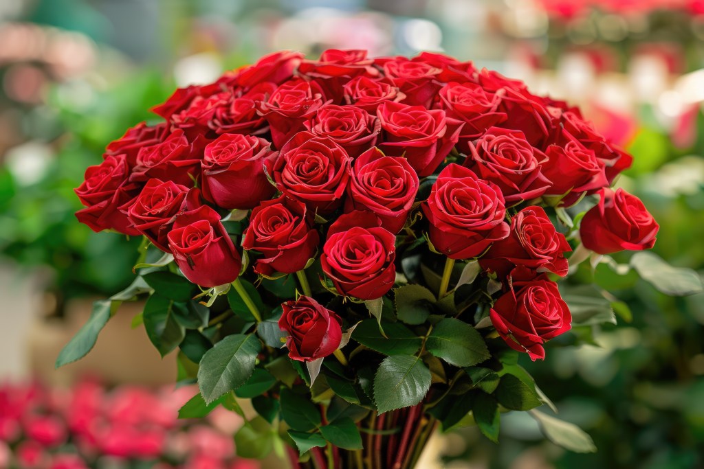 A stunning bouquet of fresh red roses with lush green leaves, arranged for Valentine’s Day, displayed in a floral market.