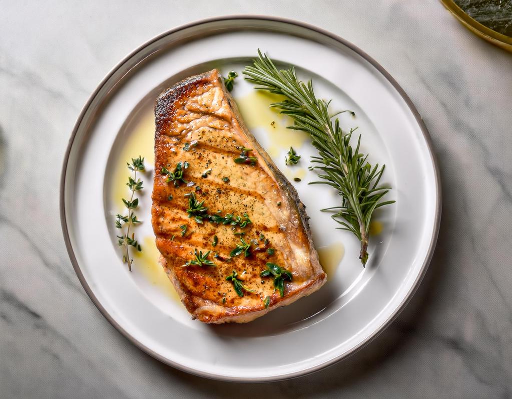 A perfectly baked amberjack fillet garnished with fresh herbs and drizzled with olive oil, served on a white plate with rosemary.  
