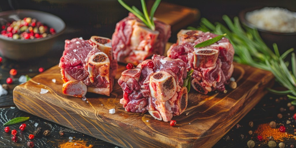Close-up of raw oxtail cuts arranged on a wooden cutting board, garnished with rosemary and surrounded by spices and seasoning.
