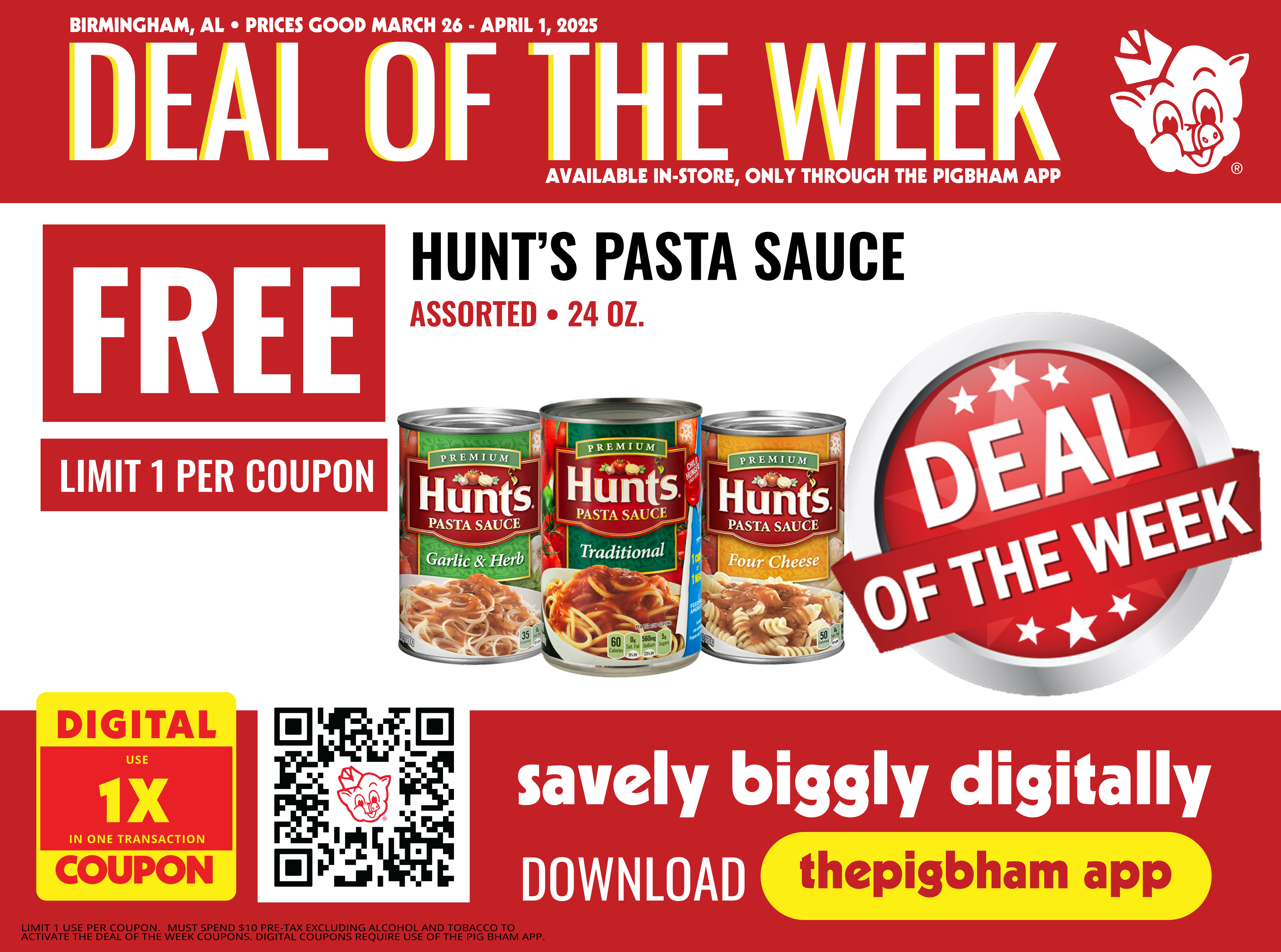 Deal of the Week at #thepigbham: FREE Hunt’s Pasta Sauce – March 26 through April 1, 2025!