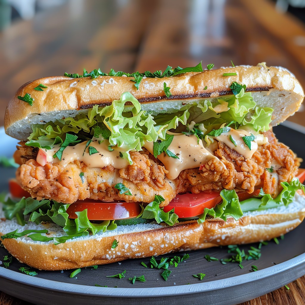 Southern-style Catfish Po’ Boy sandwich with crispy fried catfish fillets, fresh lettuce, tomatoes, and creamy sauce on a toasted baguette.