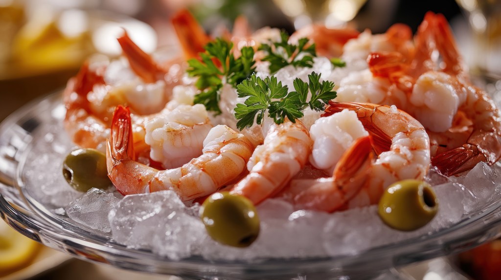 A plate of fresh Gulf shrimp on ice, garnished with parsley and green olives, highlighting premium quality and freshness.